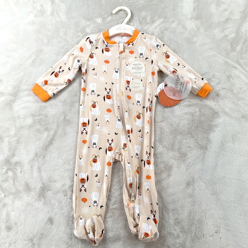 Milkberry Halloween Ghost Dog Bamboo Rayon 2-Way Zip Footed Sleeper 0-3M NWT